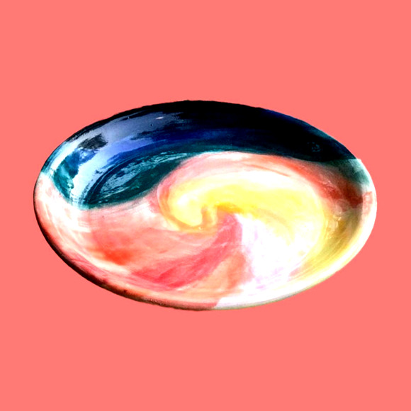 Spiral Pattern Pottery Plate in Teal, Coral, and Yellow/Handcrafted Pottery - Picture 7 of 9